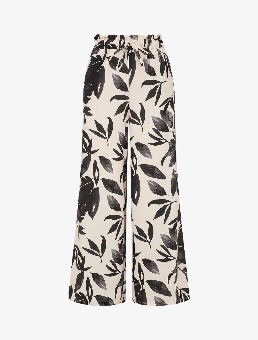 Pantalon imprimé feuillage à taille élastiquée - Noir