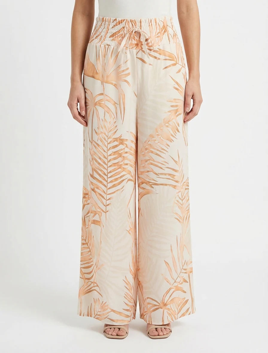 Pantalon imprimé feuillage à taille élastiquée - Beige - Image 4