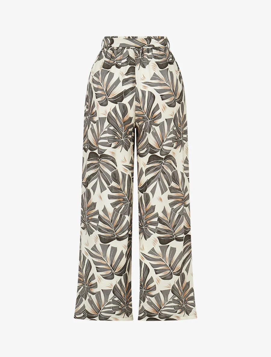 Pantalon imprimé feuilles à taille haute élastiquée - Gris - Image 2