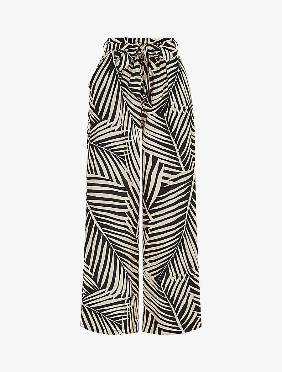 Pantalon imprimé tropical à taille haute élastiquée - Noir
