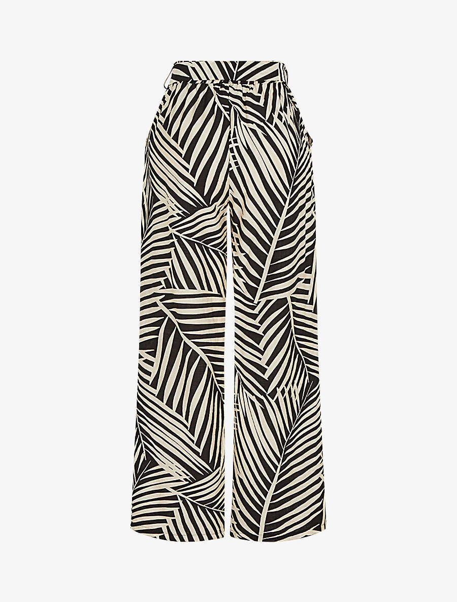 Pantalon imprimé tropical à taille haute élastiquée - Noir - Image 2