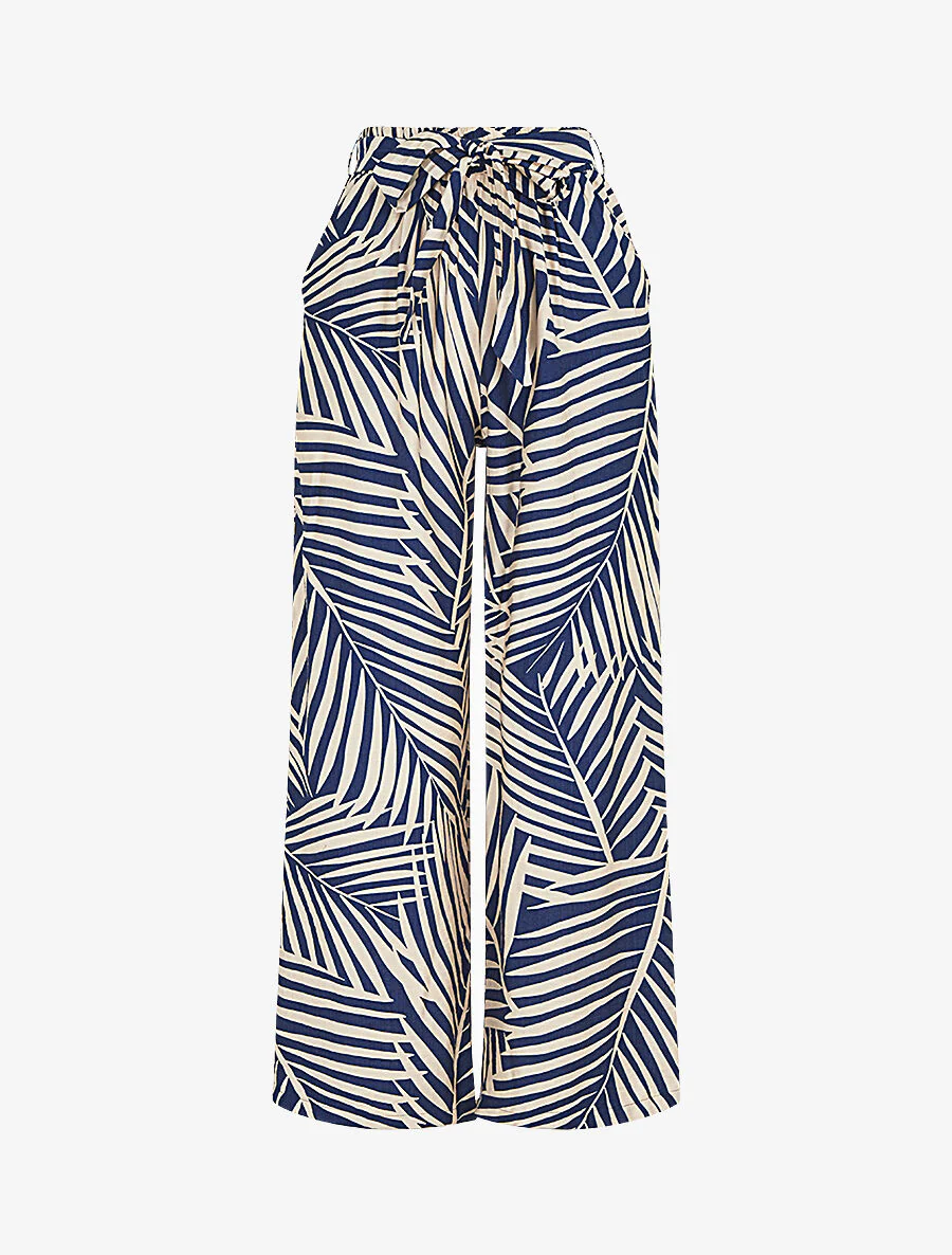 Pantalon imprimé tropical à taille haute élastiquée - Marine
