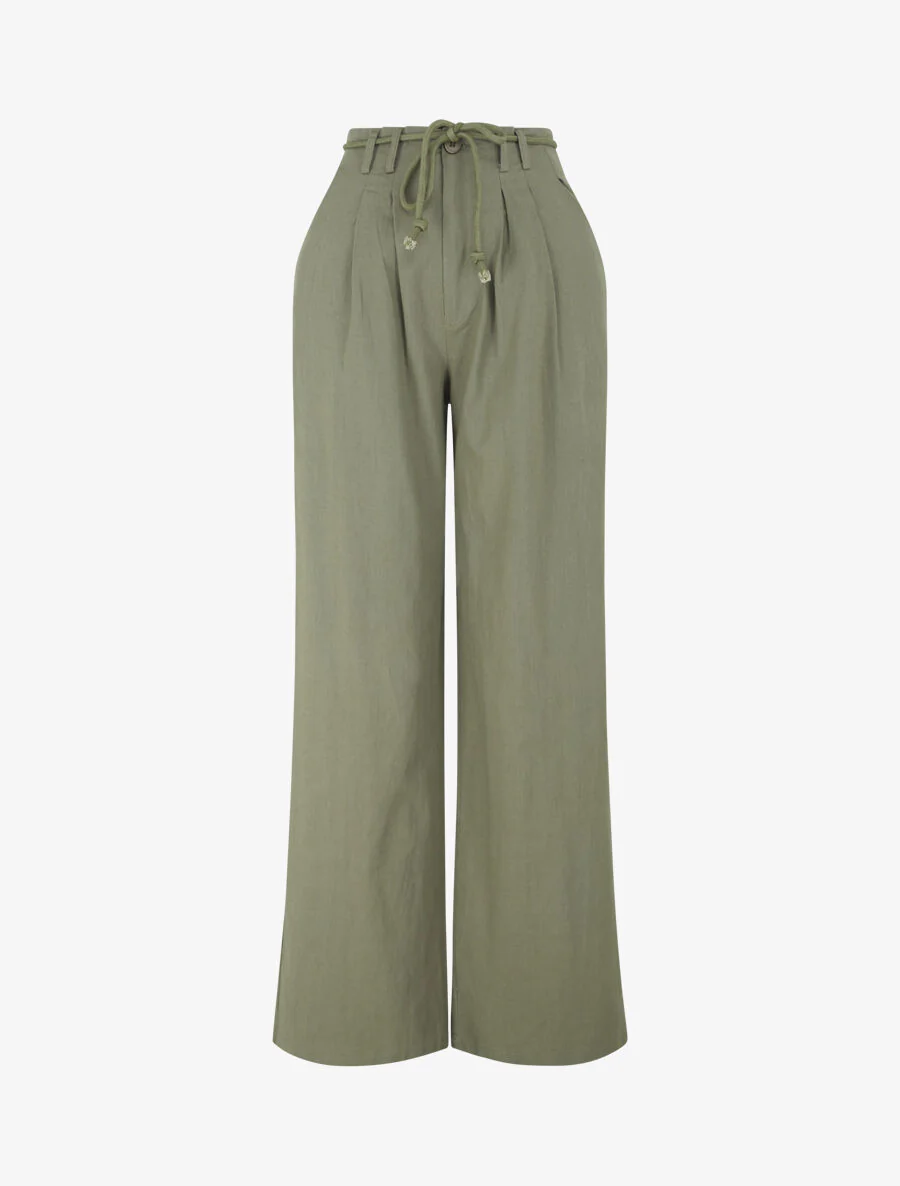 Pantalon large élastiqué effet lin - Kaki