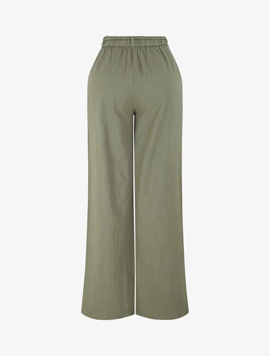 Pantalon large élastiqué effet lin - Kaki - Image 2