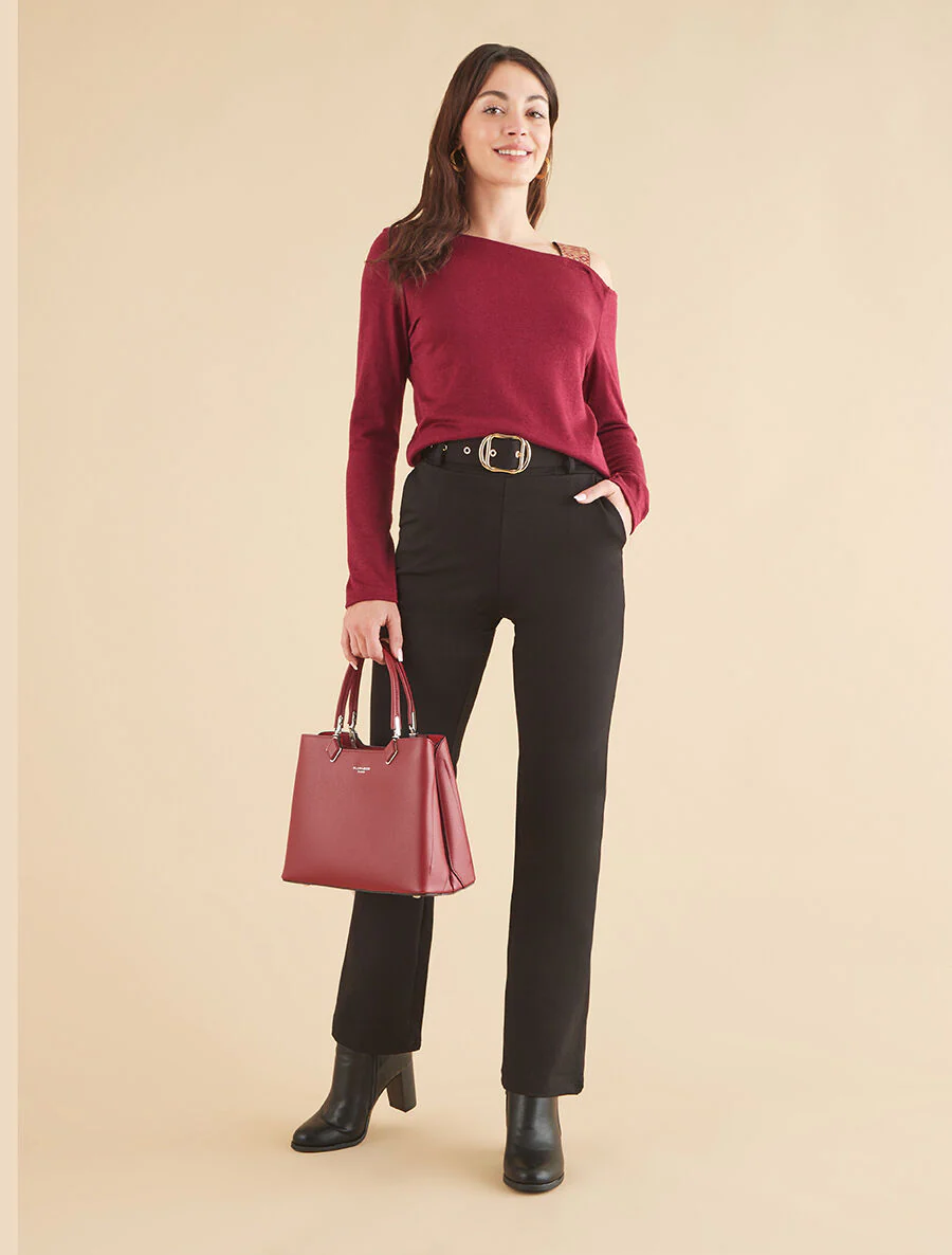 Pantalon long uni ceinturé - Noir - Image 4