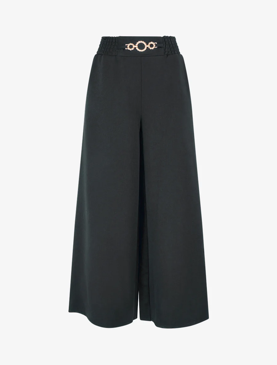 Pantalon palazzo taille froncée à anneaux - Noir