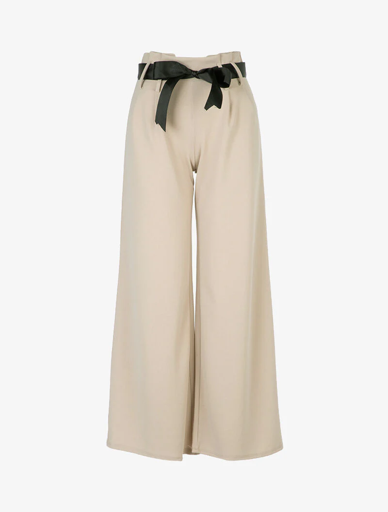 Pantalon patte d'élephant à taille volantée - Beige