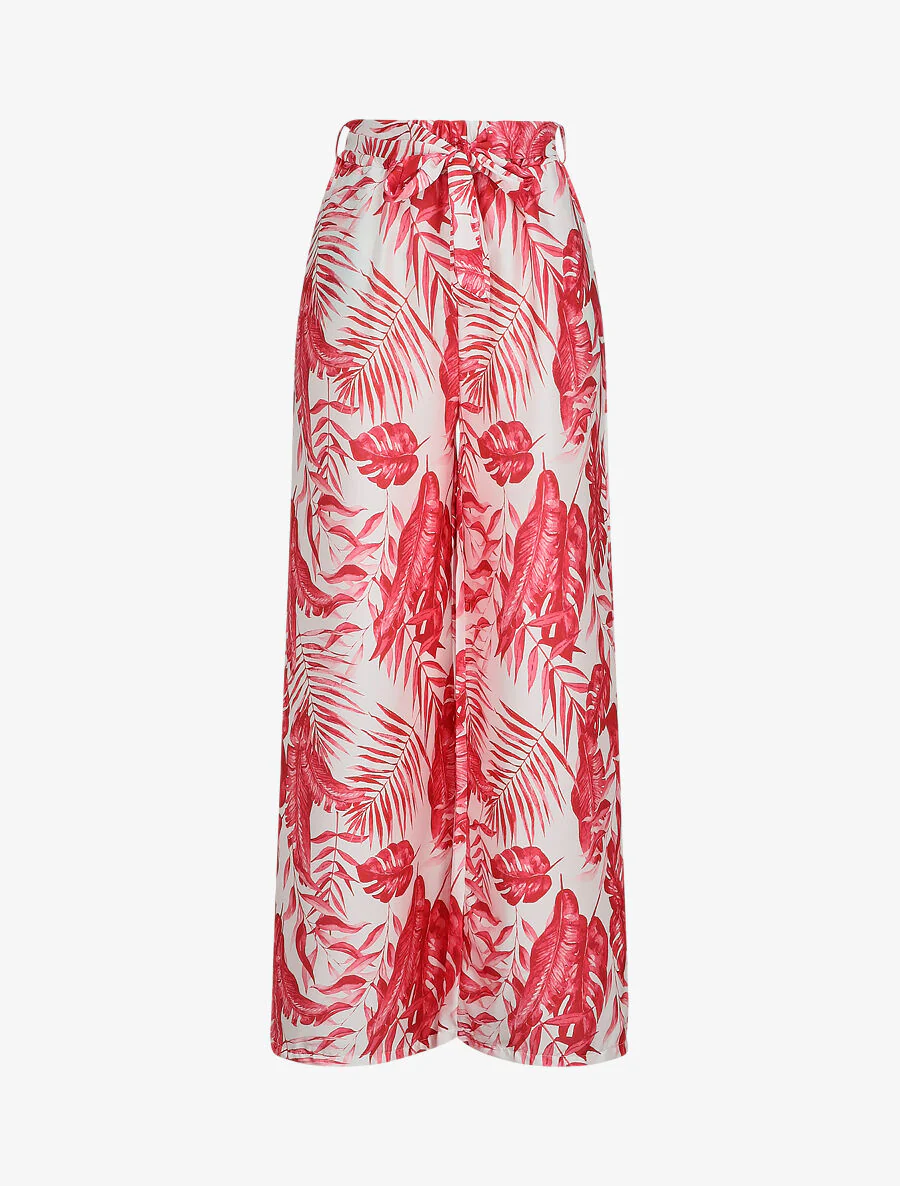 Pantalon satiné imprimé tropical - Rouge