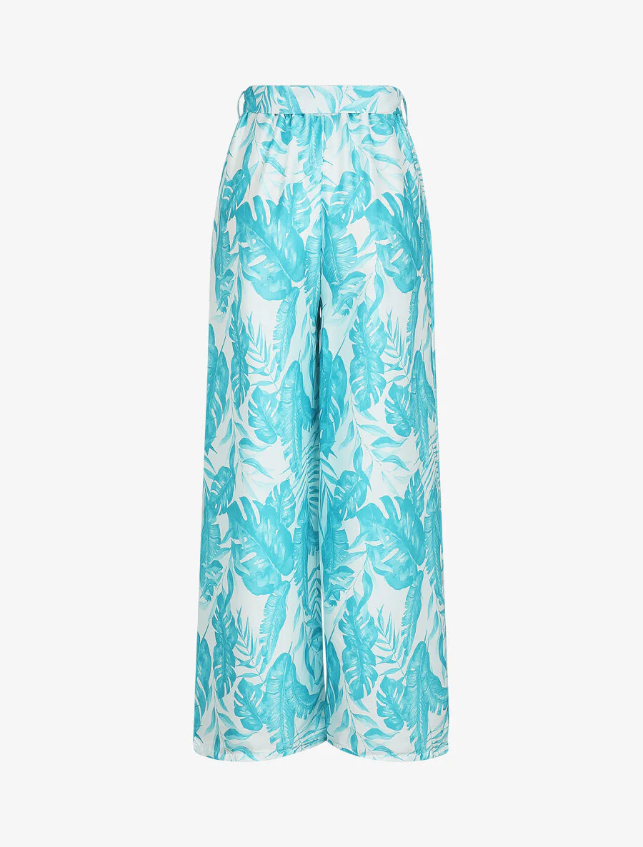 Pantalon satiné imprimé tropical - Turquoise - Image 2