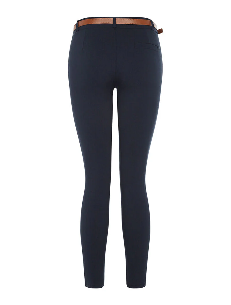 Pantalon slim ceinturé uni - marine - Image 2