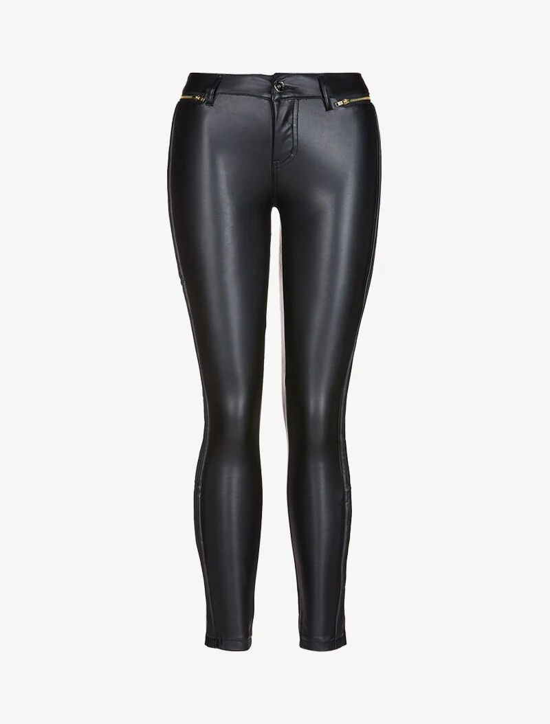Pantalon slim en simili à plis sur les côtés - noir