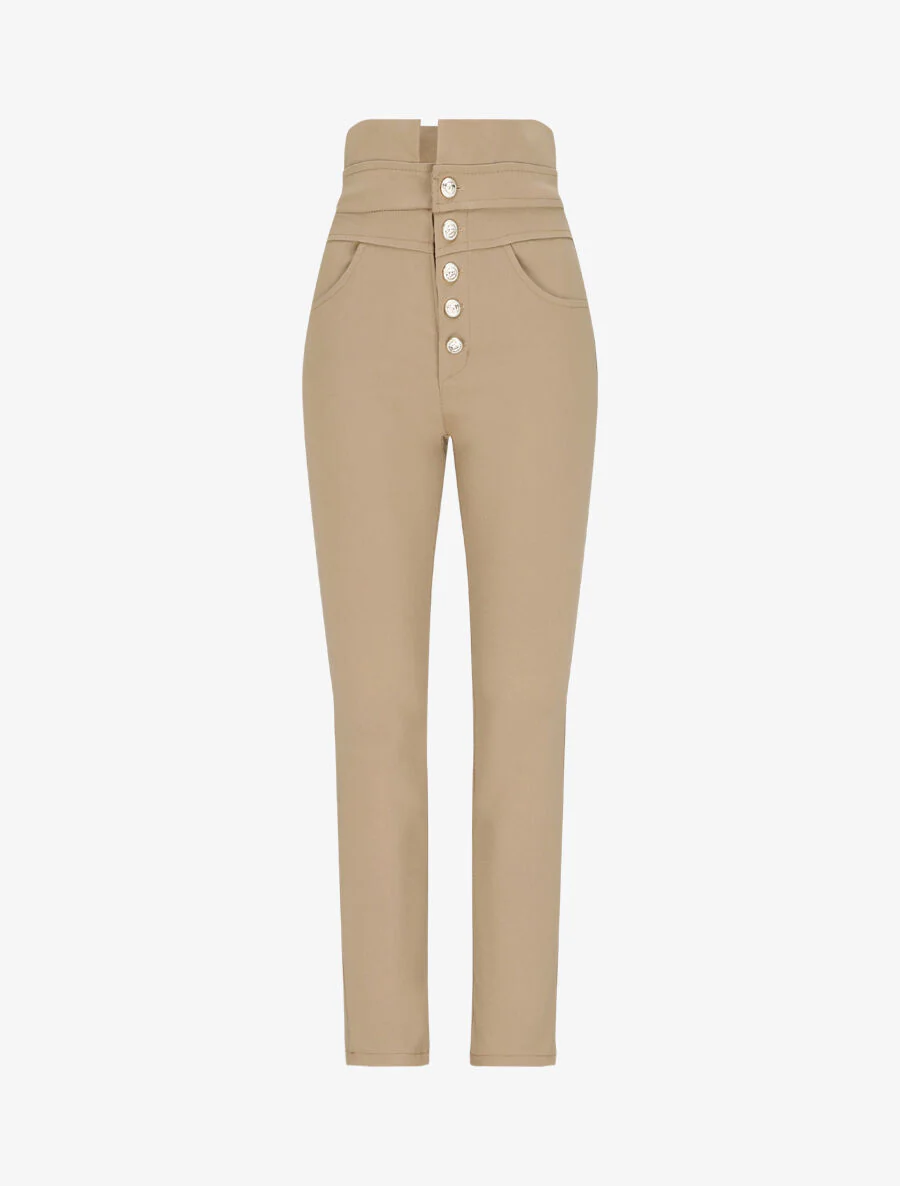 Pantalon slim taille haute à boutons dorés - Camel