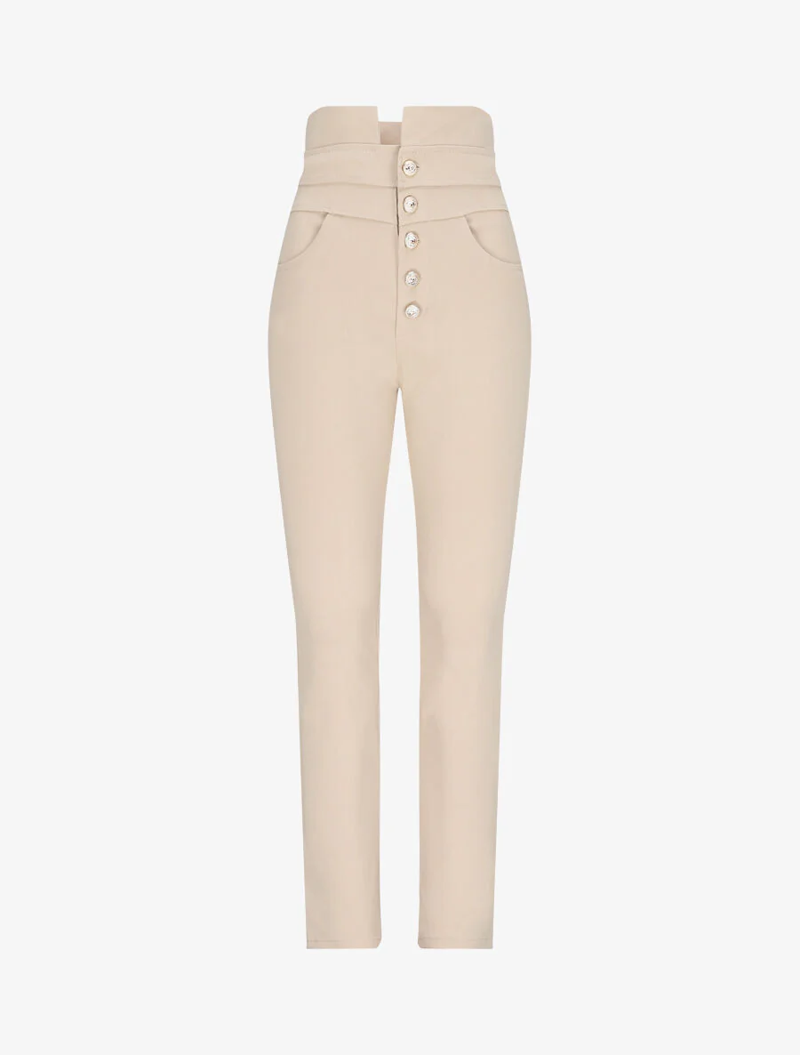 Pantalon slim taille haute à boutons dorés - Beige