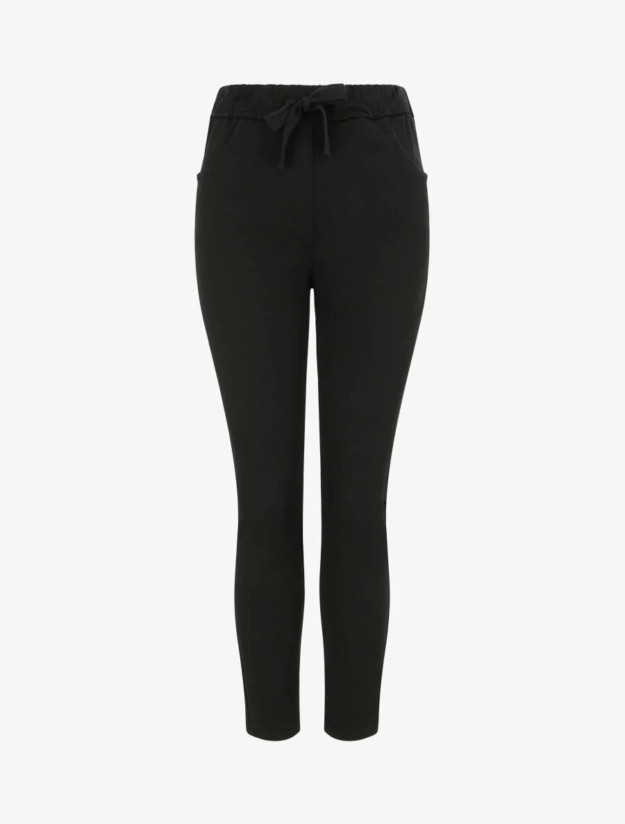 Pantalon slim uni à taille haute élastiquée - Noir