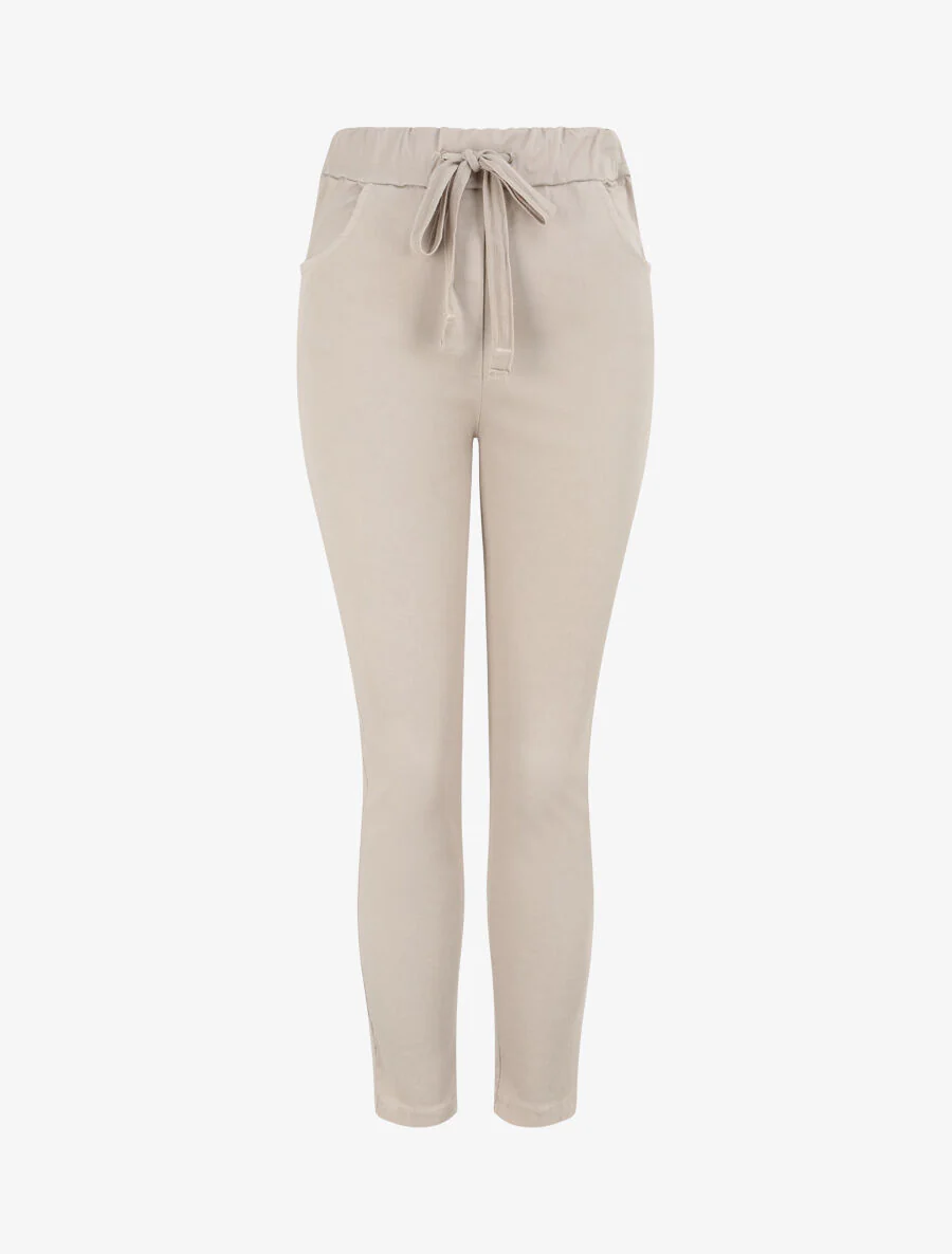 Pantalon slim uni à taille haute élastiquée - Beige