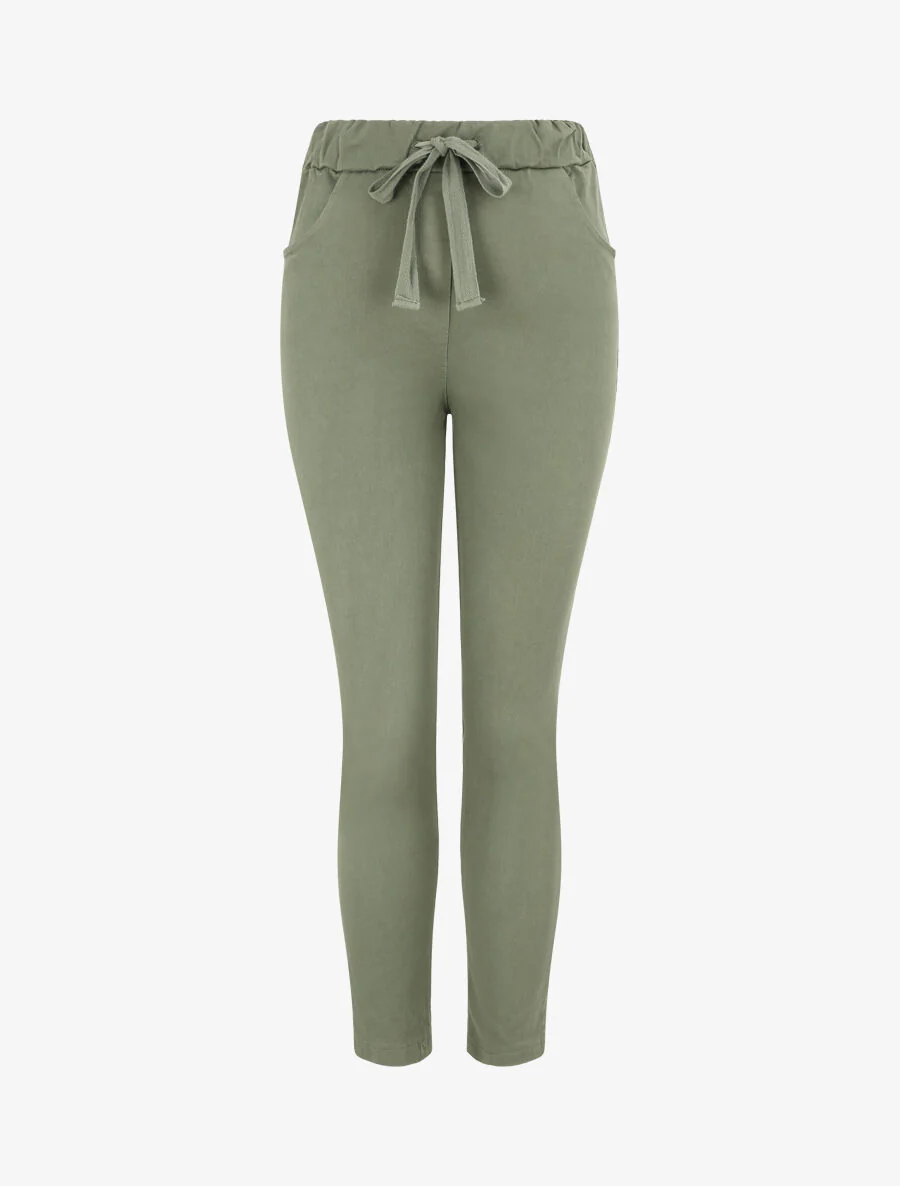 Pantalon slim uni à taille haute élastiquée - Kaki