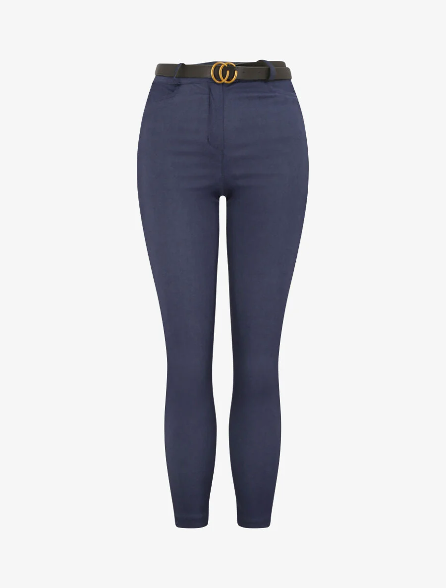 Pantalon slim uni à taille haute - Bleu denim