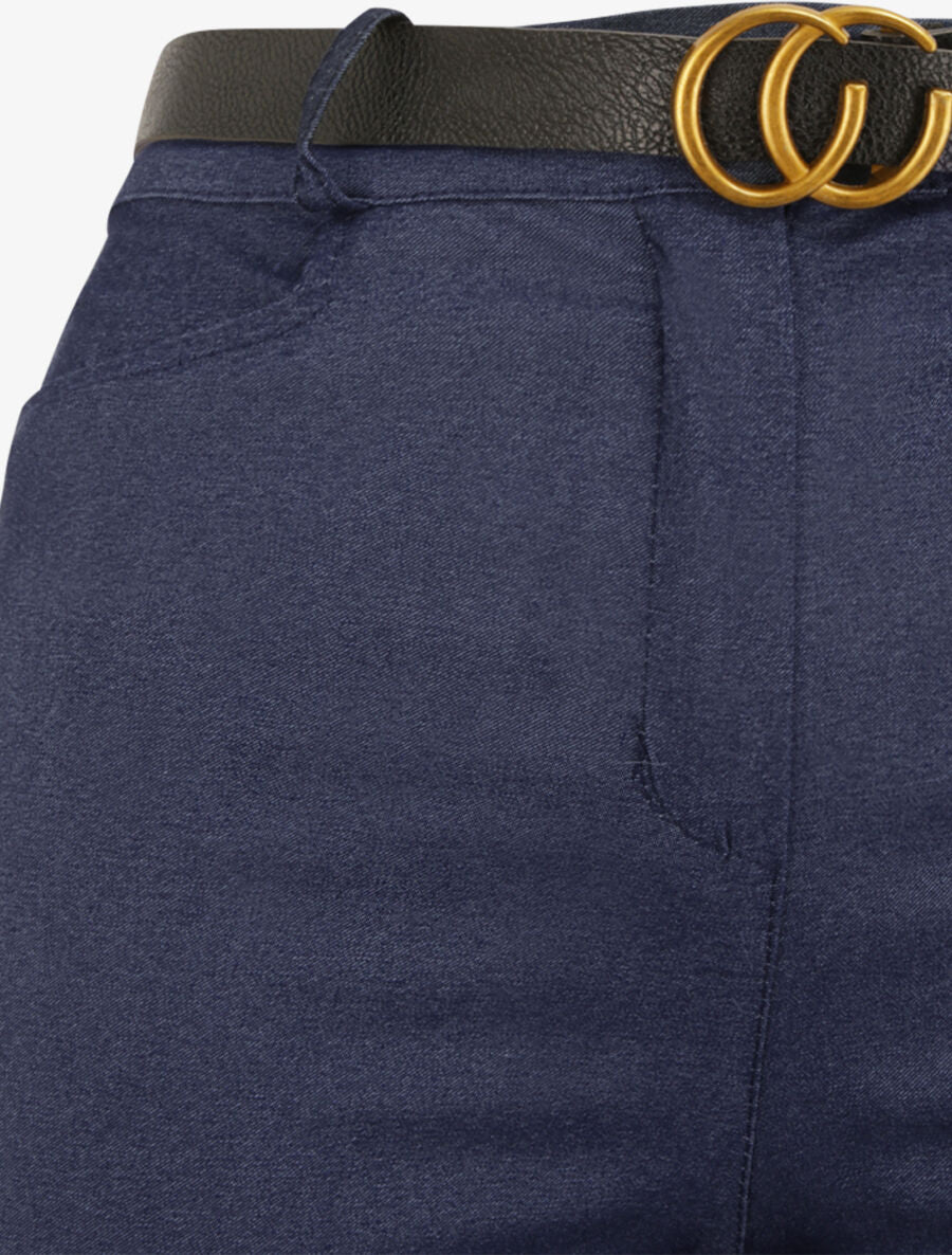 Pantalon slim uni à taille haute - Bleu denim - Image 3