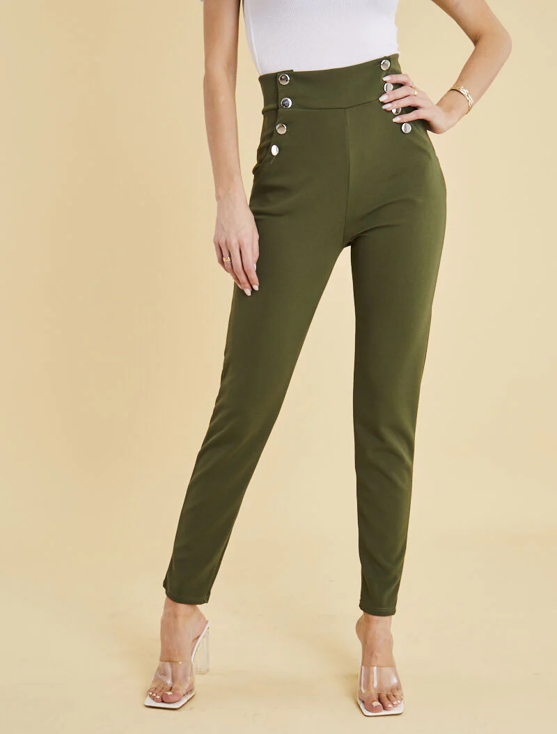 Pantalon taille empire à boutonnière - kaki