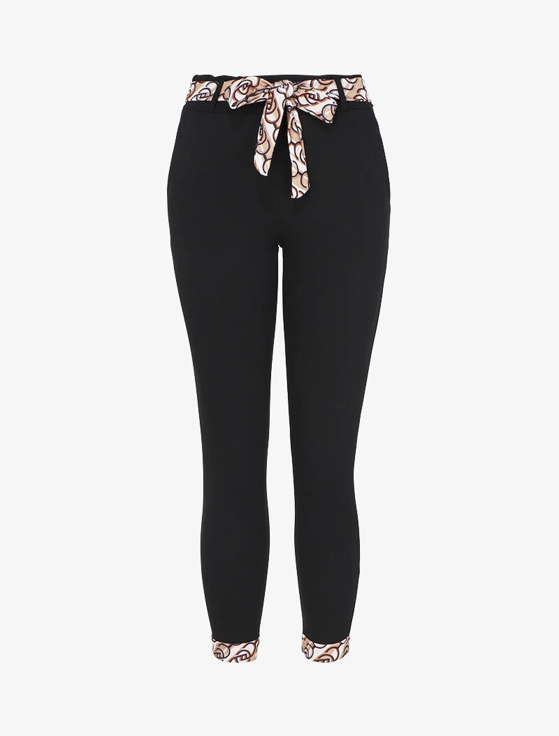 Pantalon taille haute 7/8 à revers imprimés - Noir/beige