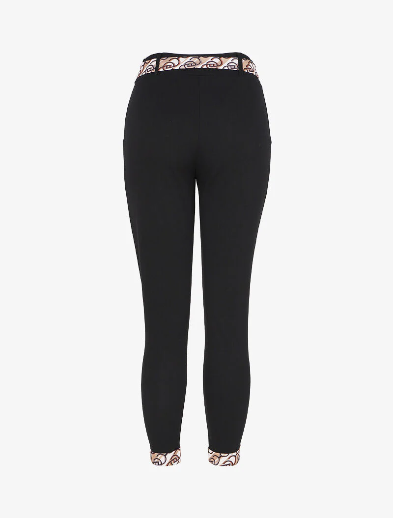 Pantalon taille haute 7/8 à revers imprimés - Noir/beige - Image 2