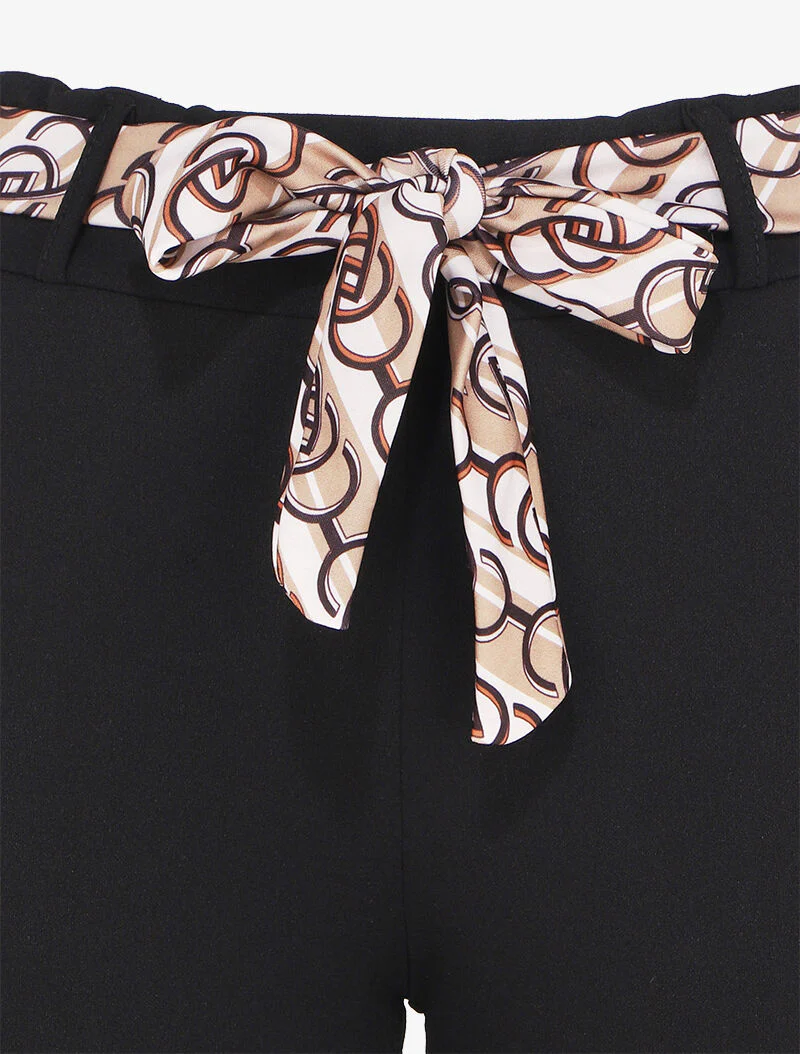 Pantalon taille haute 7/8 à revers imprimés - Noir/beige - Image 3