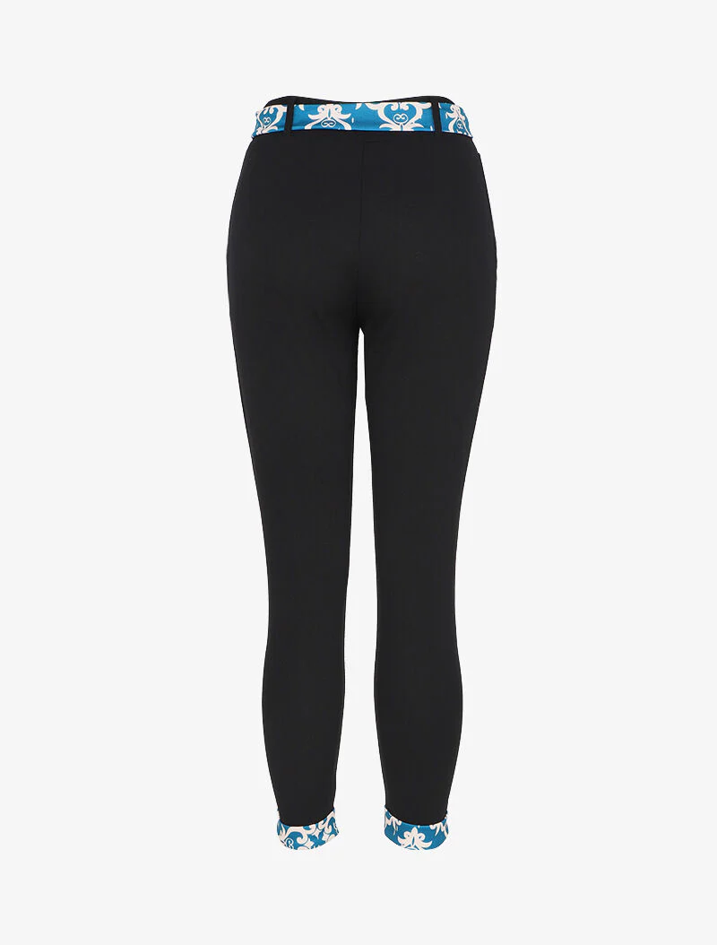 Pantalon taille haute 7/8 à revers imprimés - Noir/bleu - Image 2