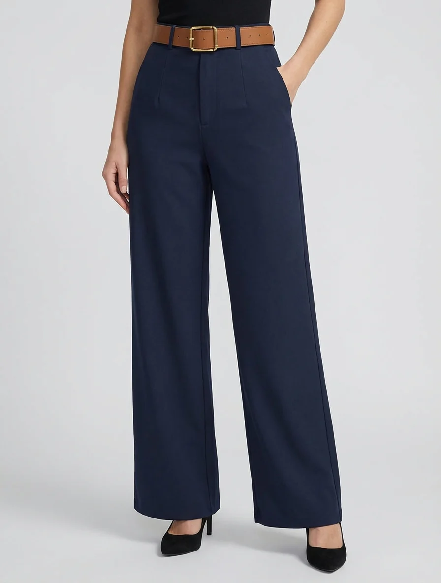 Pantalon taille haute coupe ample - Marine - Image 4