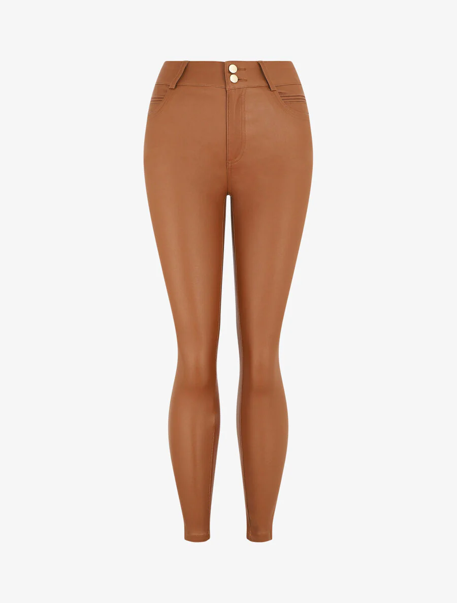 Pantalon taille haute en simili - Camel