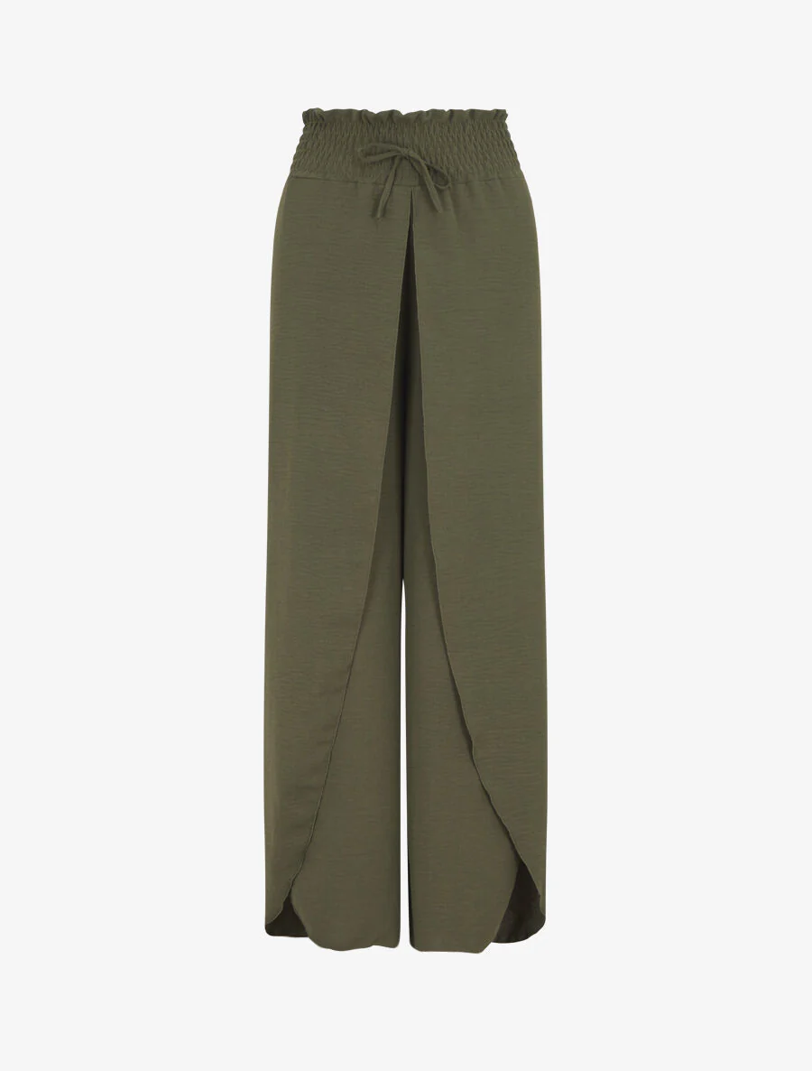 Pantalon tulipe uni à taille élastiquée - Kaki