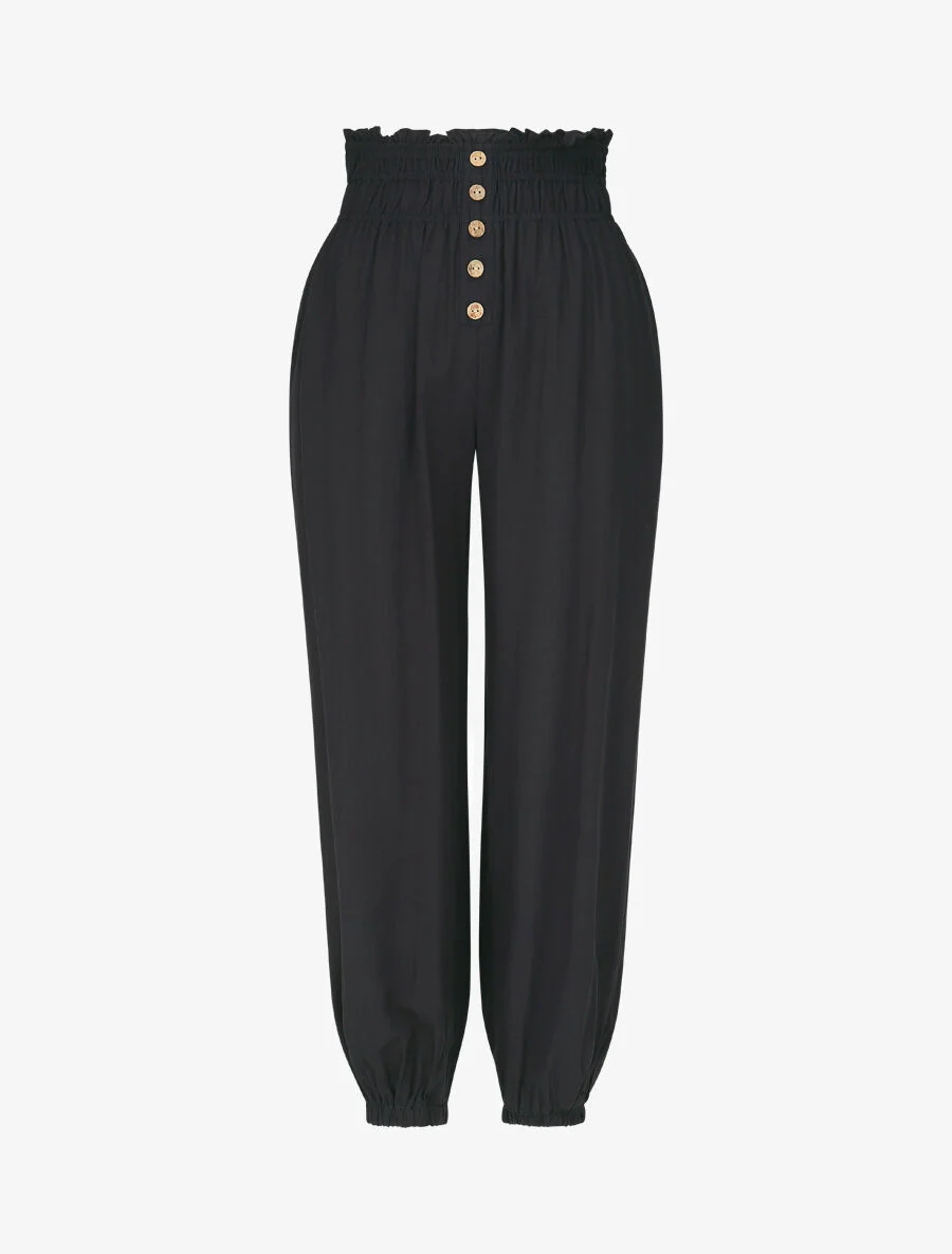 Pantalon uni à bords élastiqués et boutons décoratifs - Marine