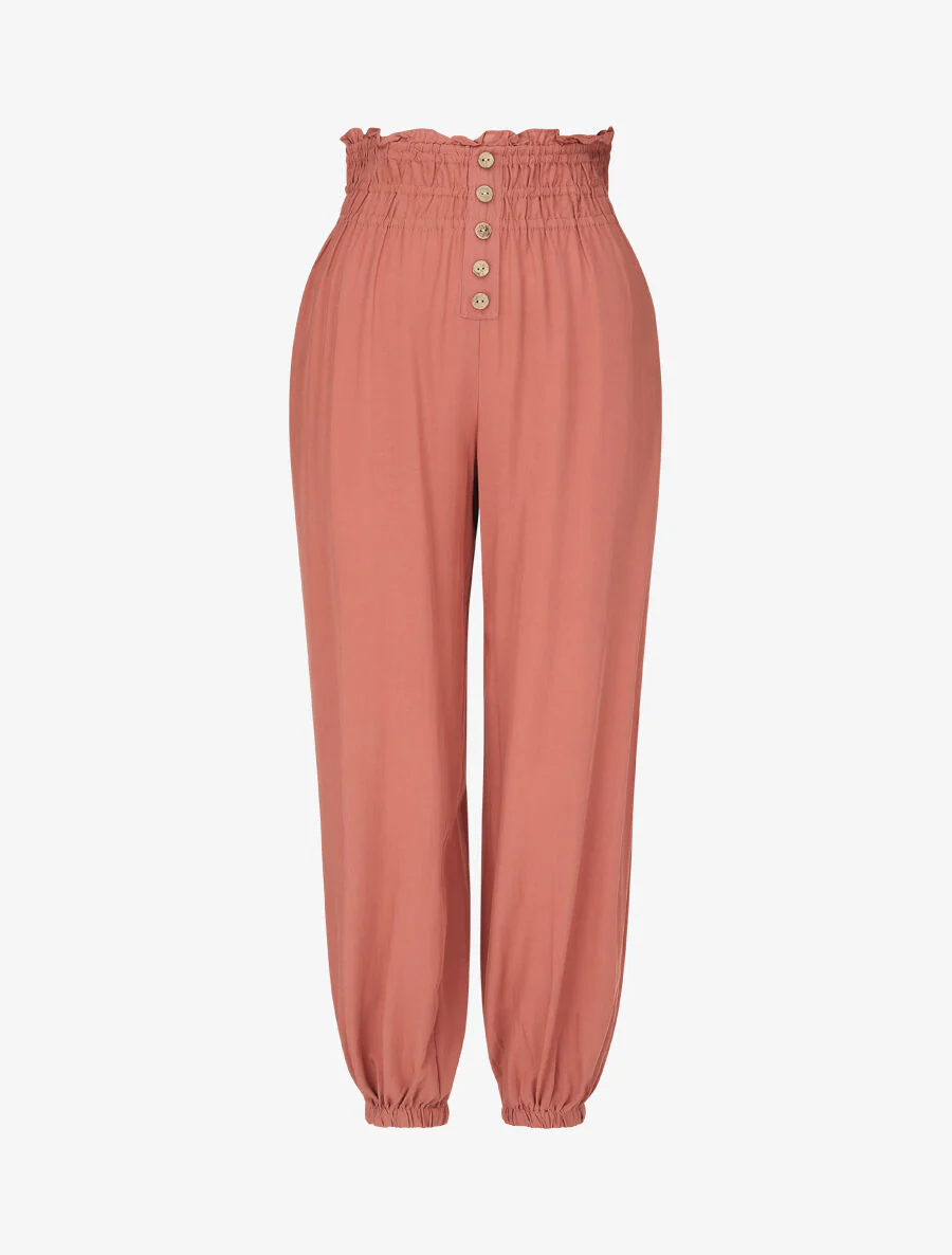 Pantalon uni à bords élastiqués et boutons décoratifs - Corail
