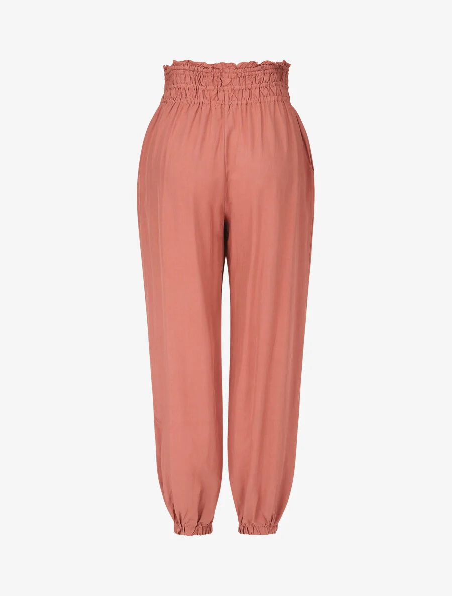 Pantalon uni à bords élastiqués et boutons décoratifs - Corail - Image 2