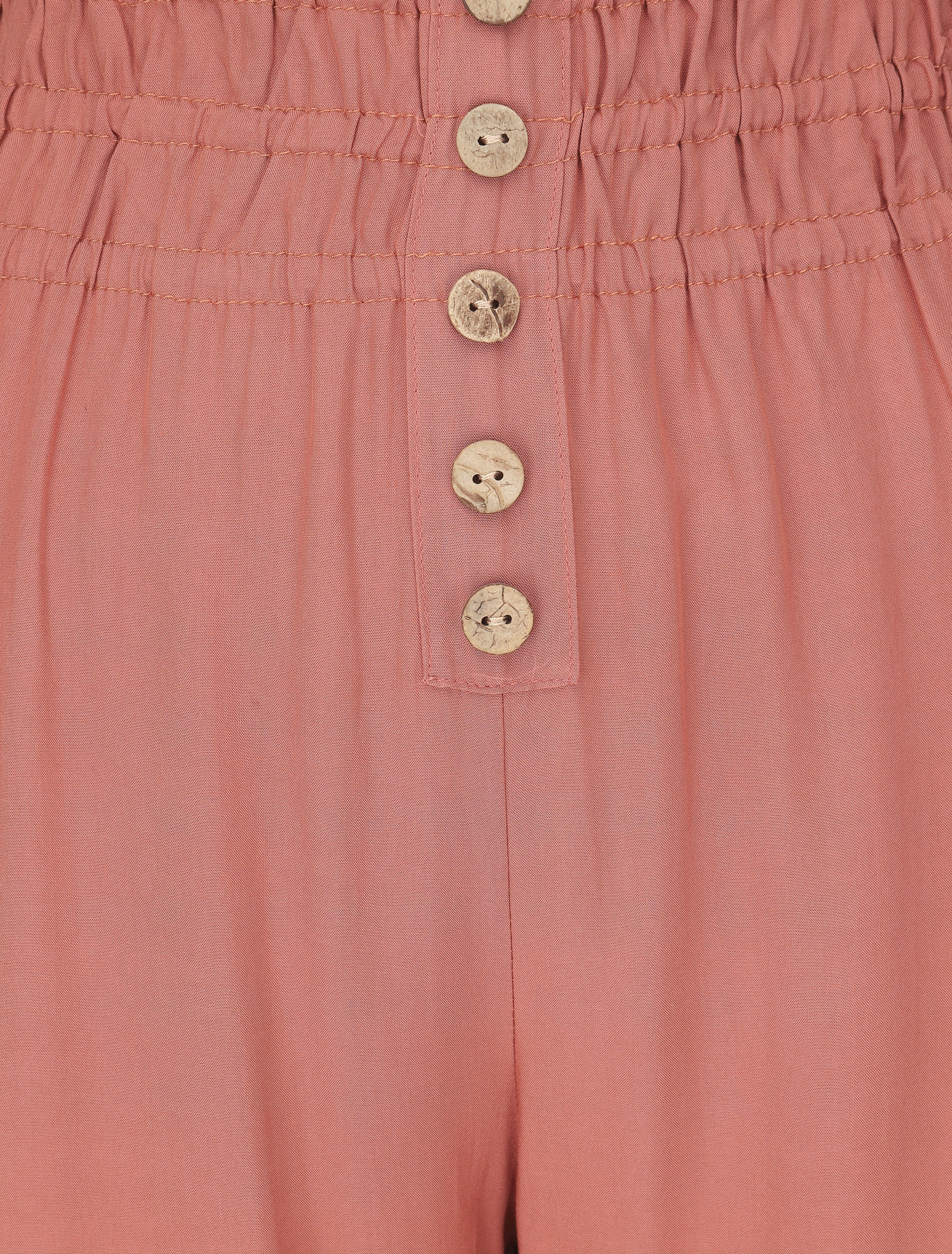 Pantalon uni à bords élastiqués et boutons décoratifs - Corail - Image 3