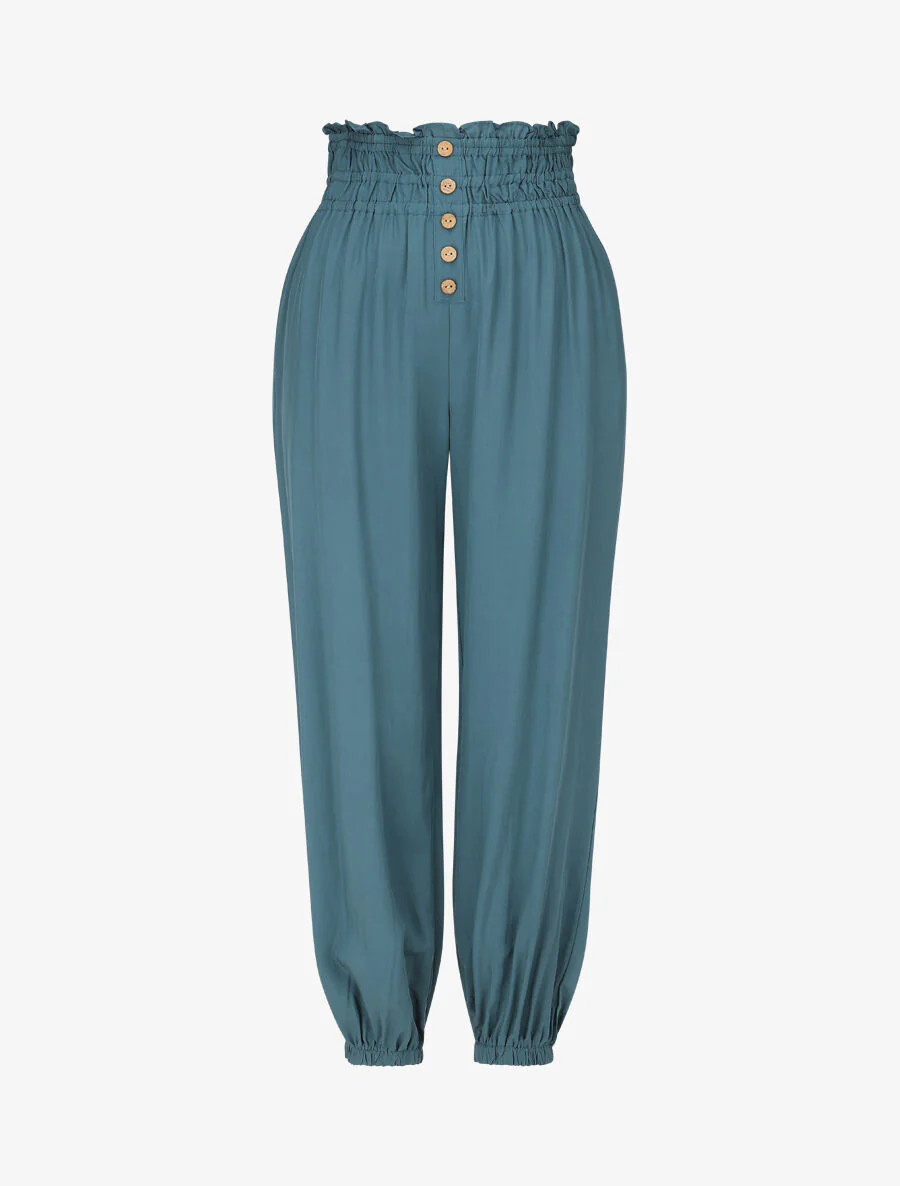 Pantalon uni à bords élastiqués et boutons décoratifs - Bleu canard