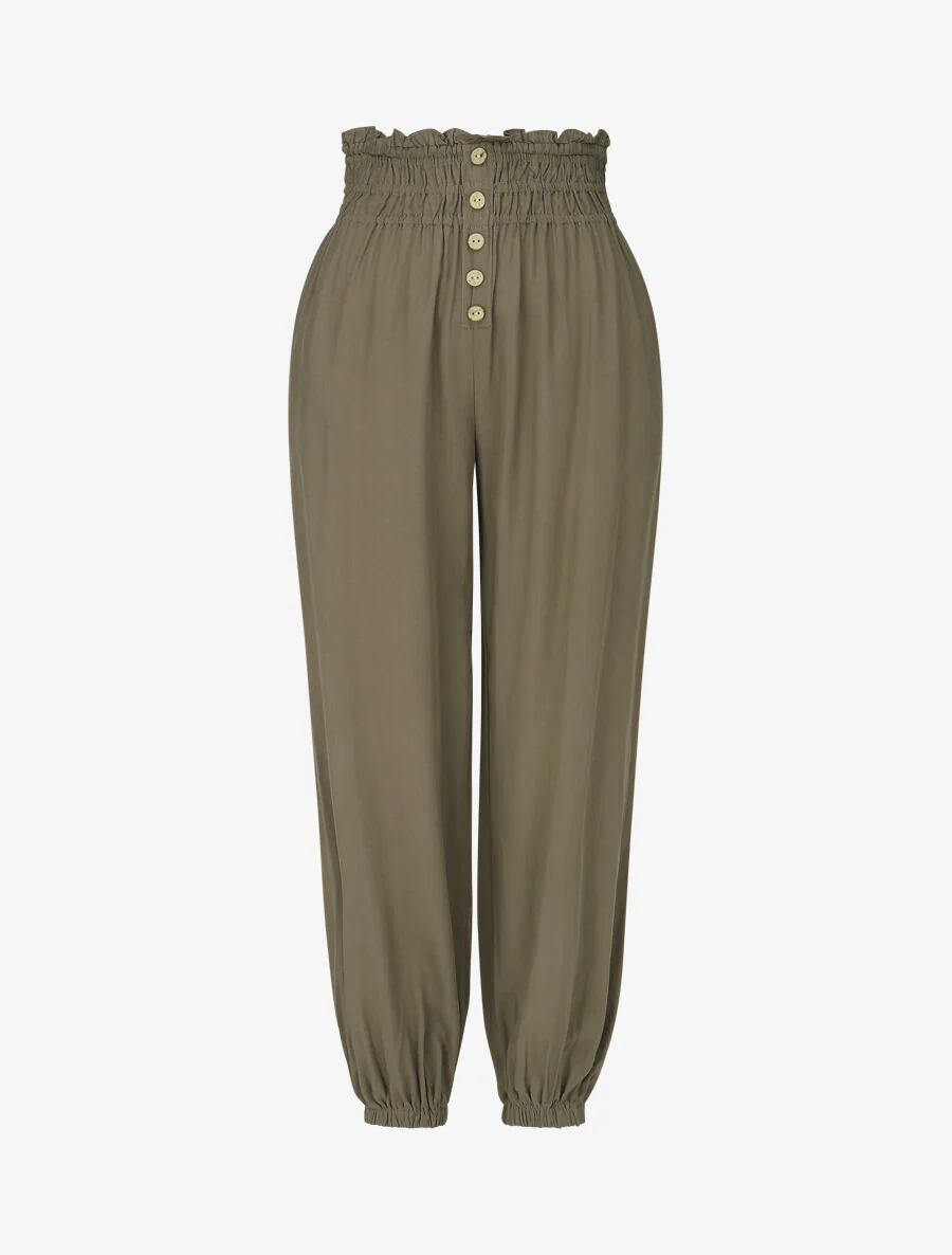 Pantalon uni à bords élastiqués et boutons décoratifs - Kaki