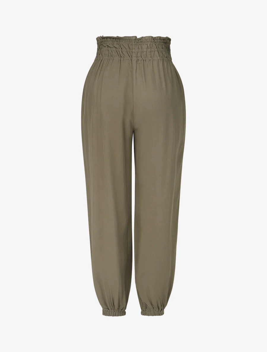 Pantalon uni à bords élastiqués et boutons décoratifs - Kaki - Image 2