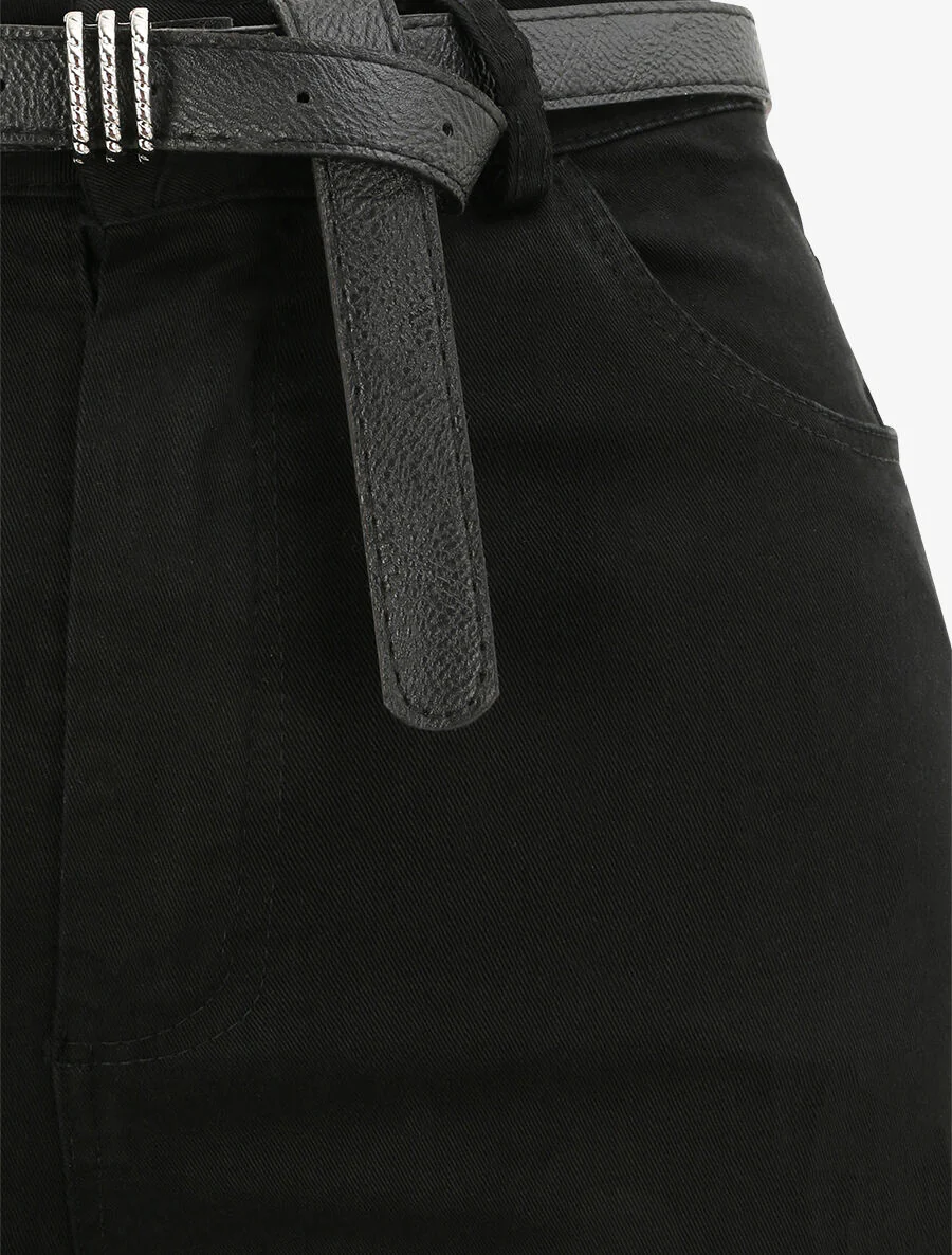 Pantalon uni à revers - Noir - Image 3