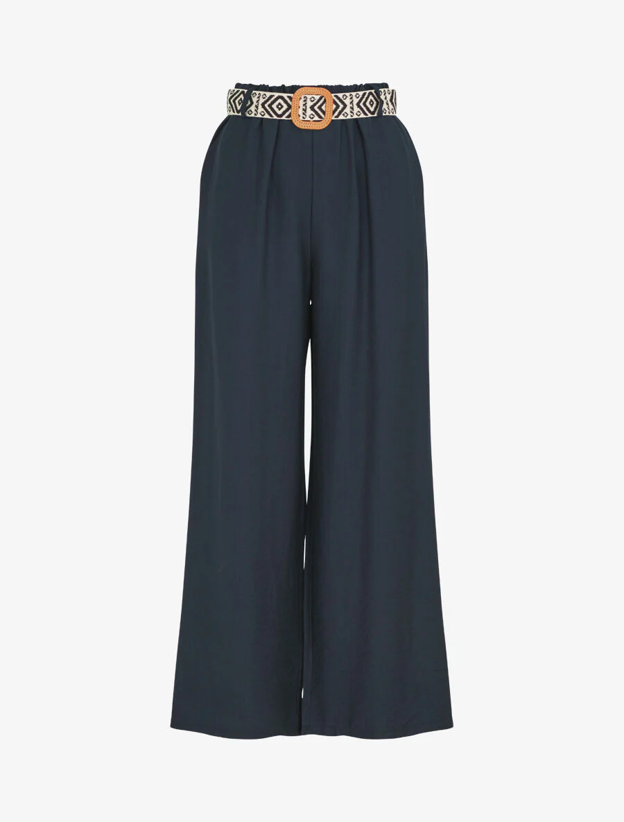 Pantalon uni à taille élastiquée - Marine