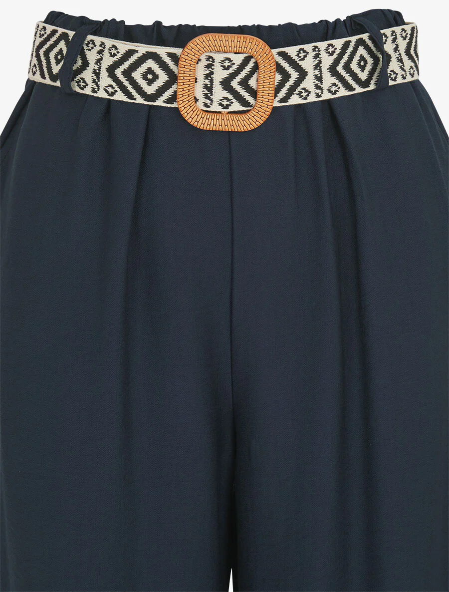 Pantalon uni à taille élastiquée - Marine - Image 3