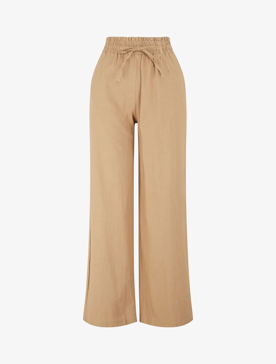 Pantalon uni élastiqué effet lin - Camel