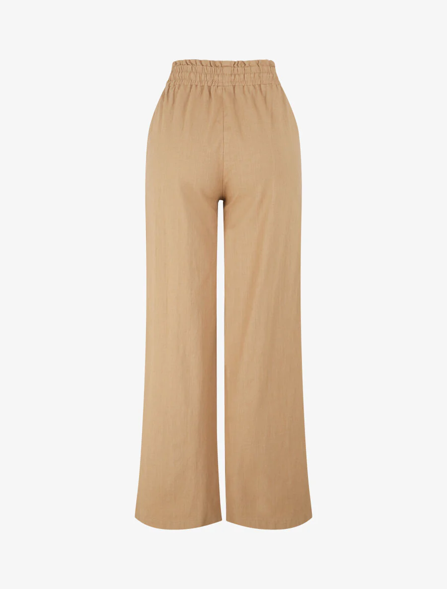 Pantalon uni élastiqué effet lin - Camel - Image 2