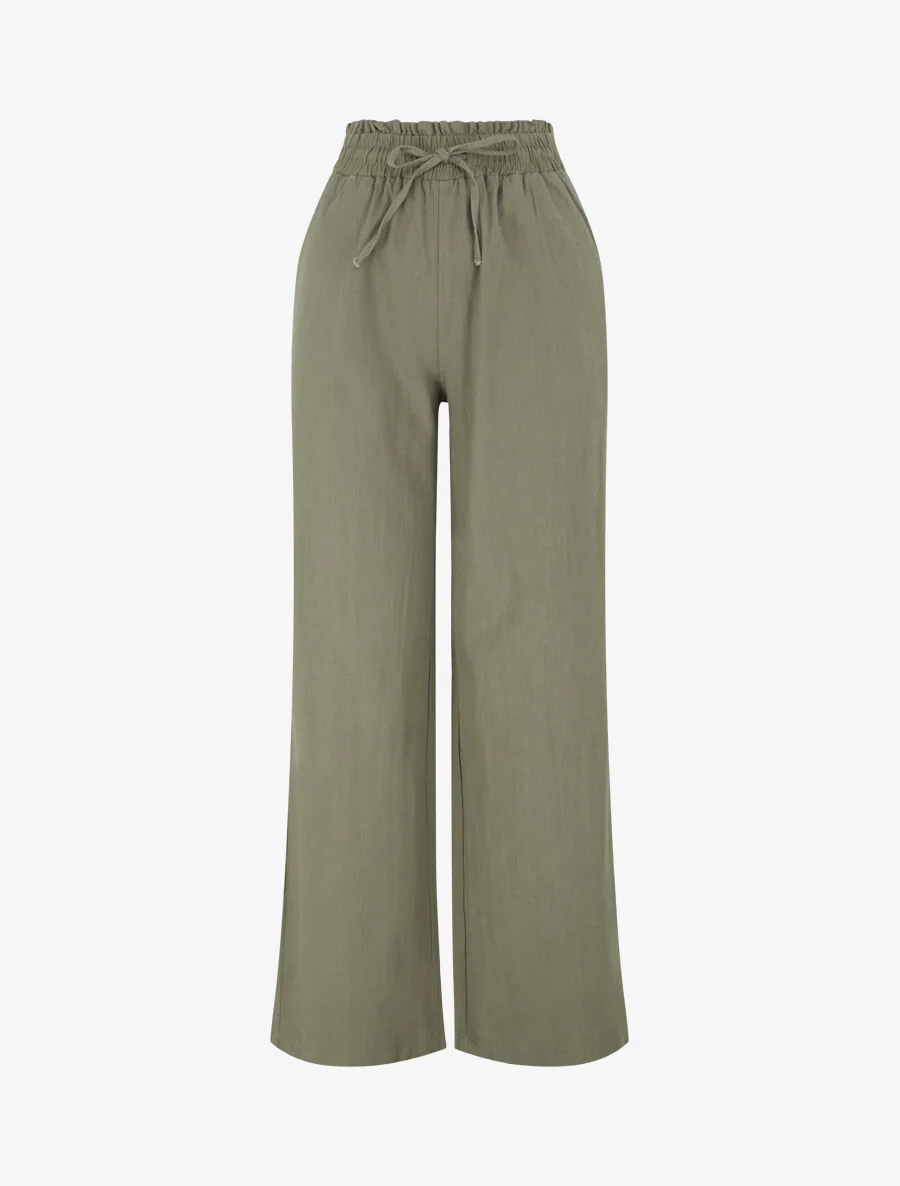 Pantalon uni élastiqué effet lin - Kaki