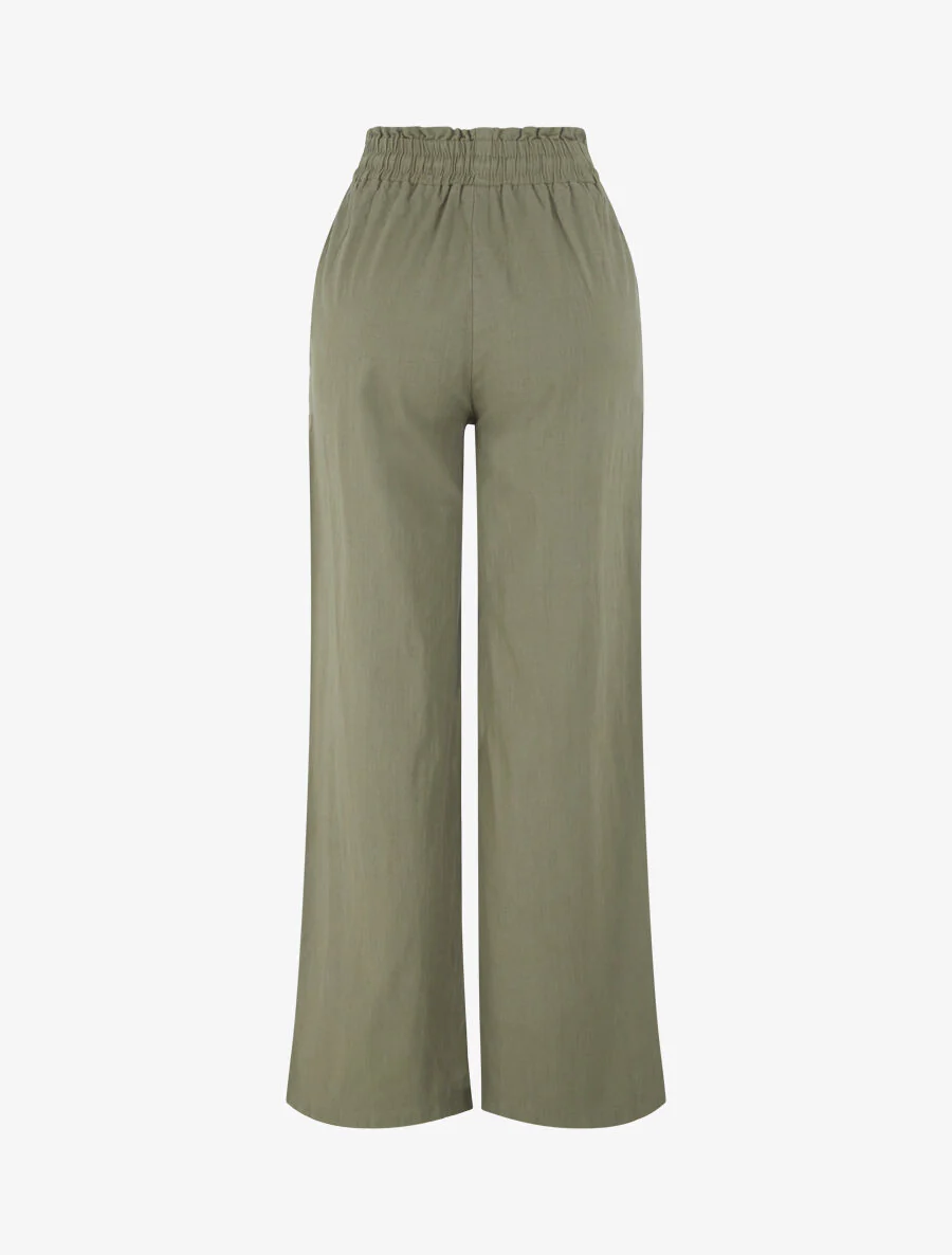 Pantalon uni élastiqué effet lin - Kaki - Image 2