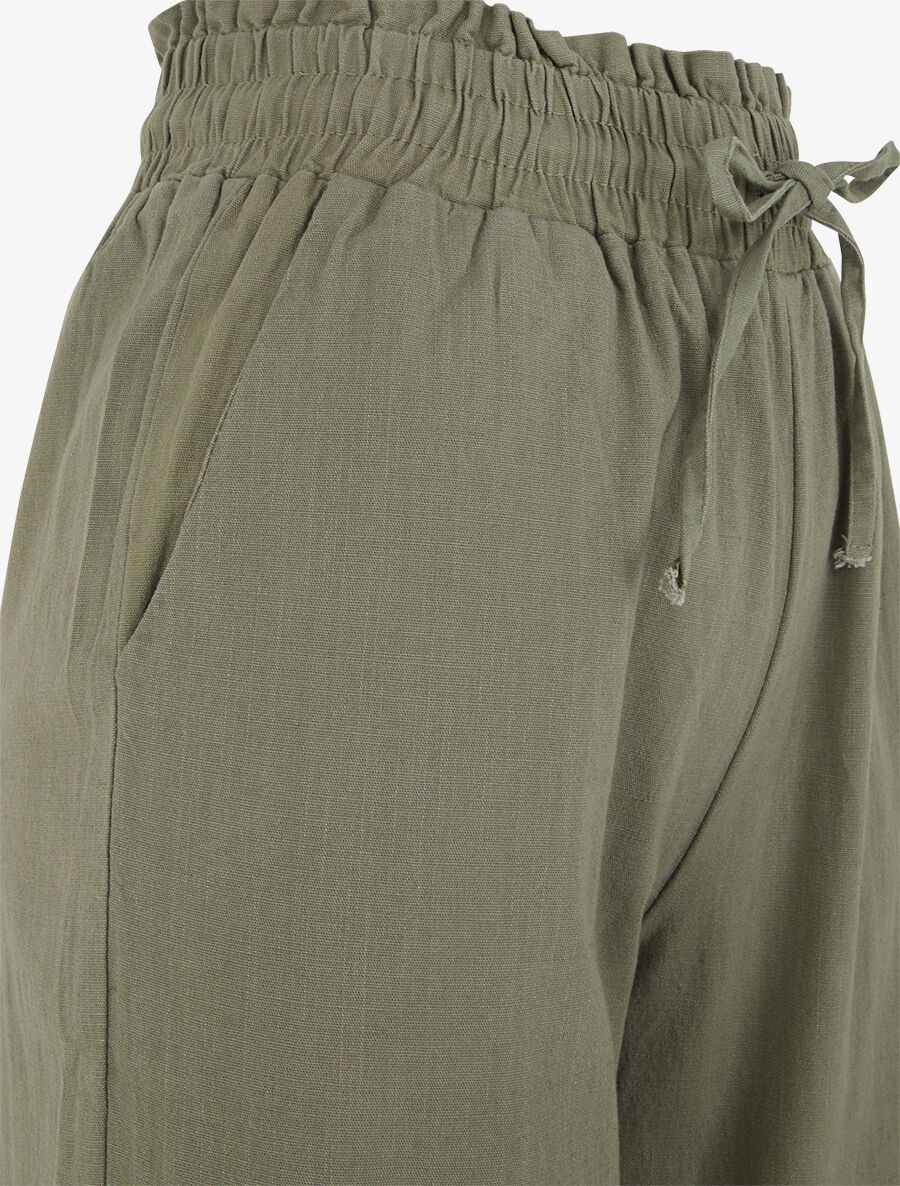 Pantalon uni élastiqué effet lin - Kaki - Image 3
