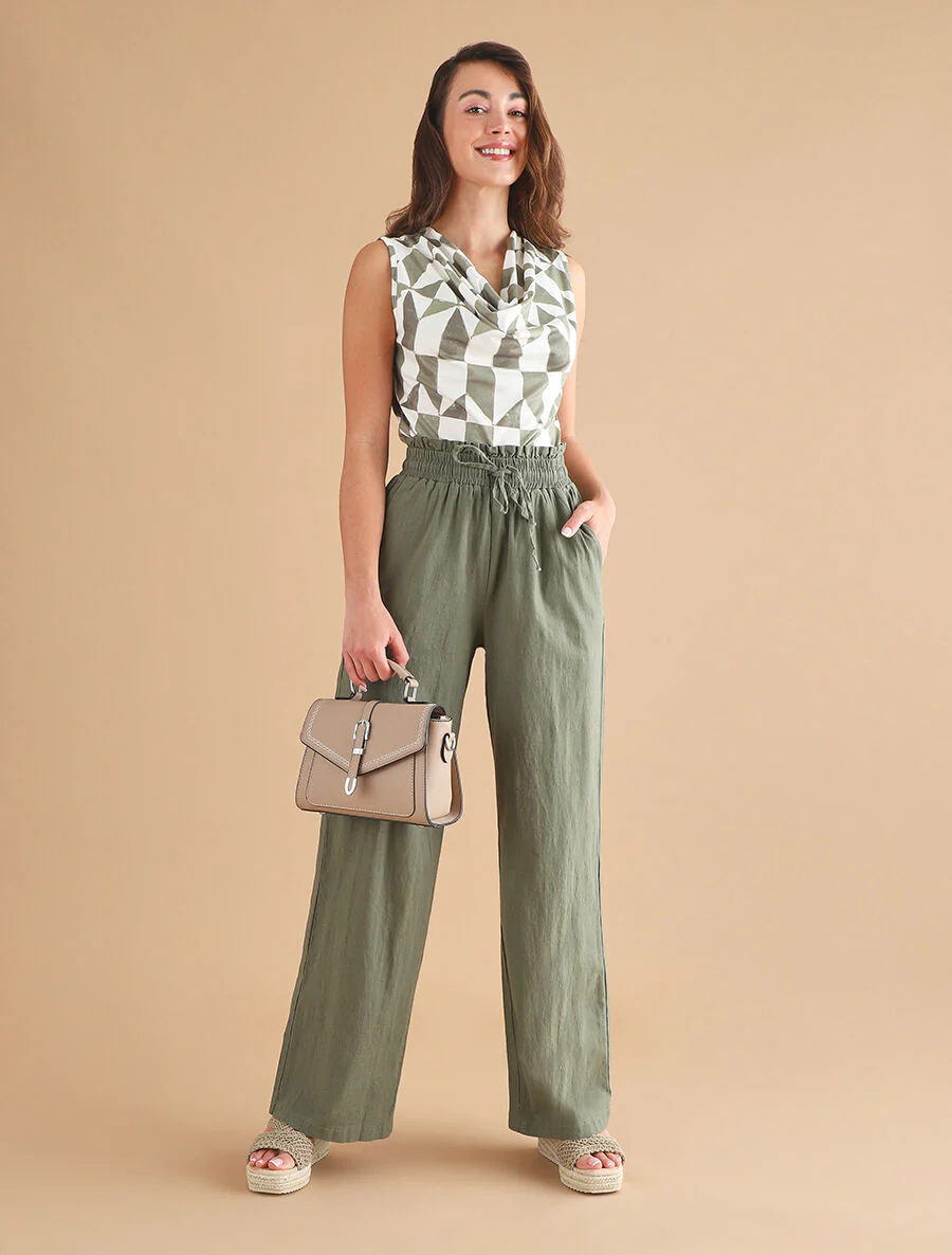 Pantalon uni élastiqué effet lin - Kaki - Image 4