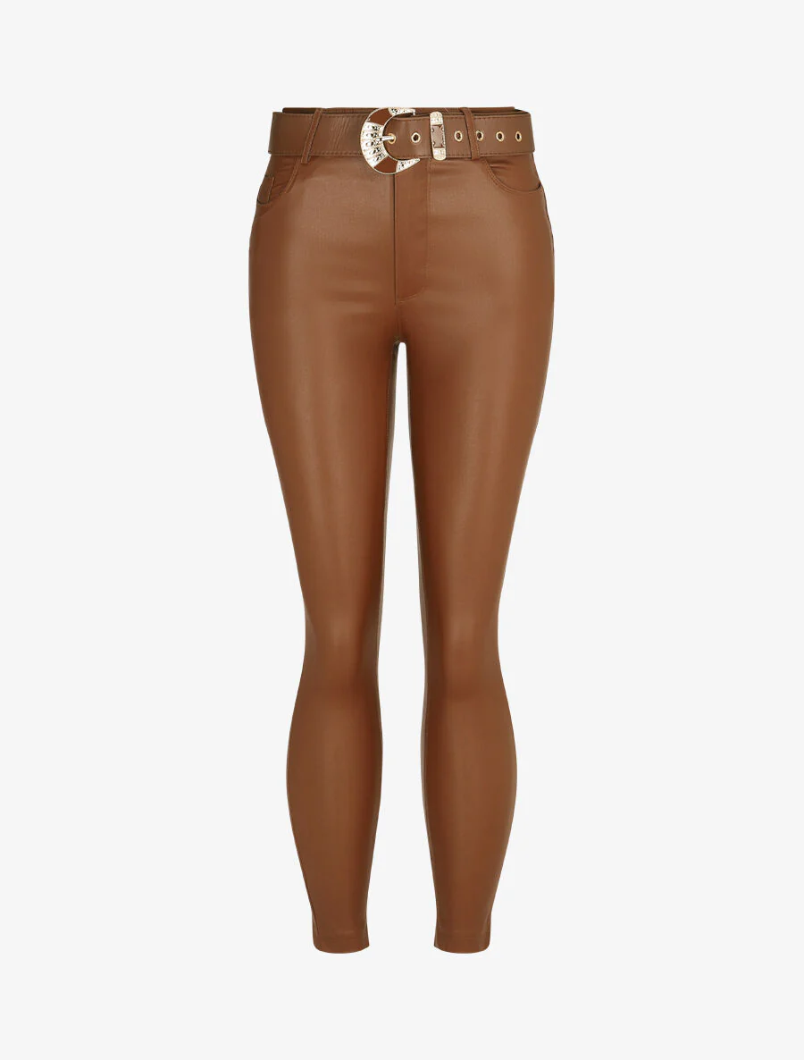 Pantalon uni en simili ceinturé - Camel