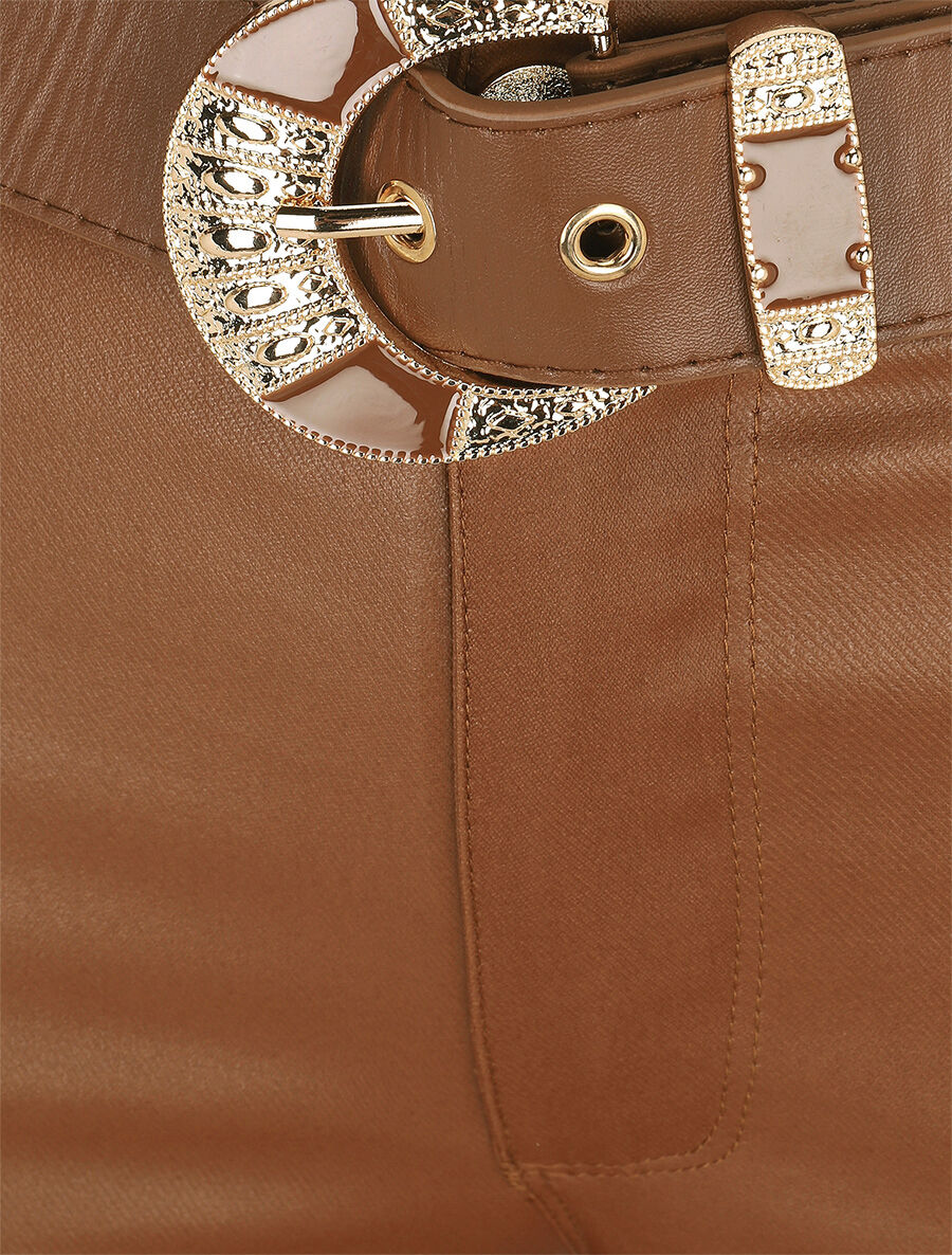 Pantalon uni en simili ceinturé - Camel - Image 3