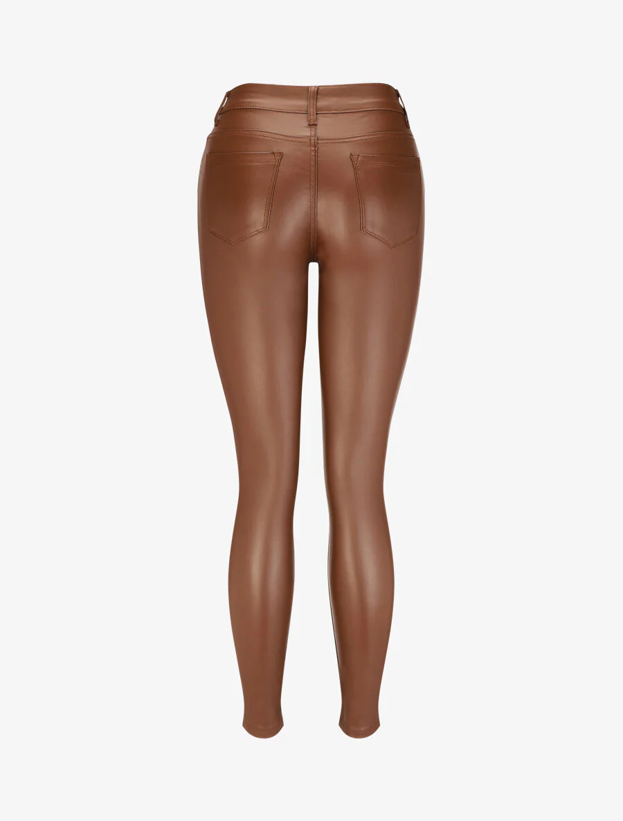 Pantalon uni en simili - Marron - Image 2