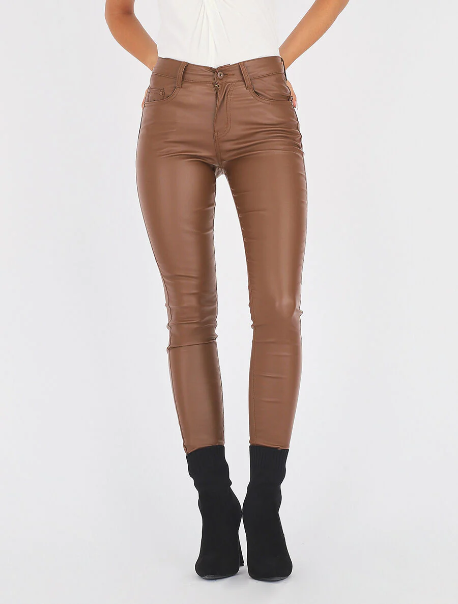 Pantalon uni en simili - Marron - Image 4